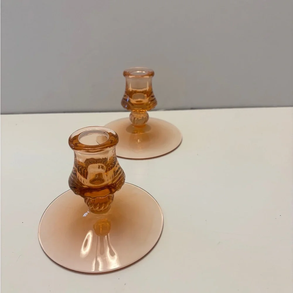 Vintage Heisey Glass Co Flamingo Pink Candle Holders